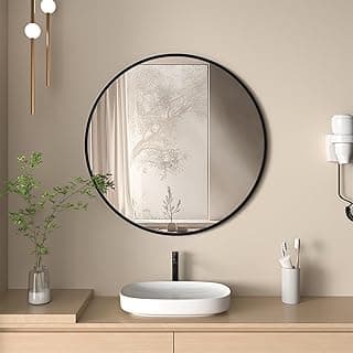 Espejo de baño Redondo de 60 cm con Marco de Aluminio Negro,Espejo montado en la Pared,Vidrio HD para baño,Dormitorio,Sala de Estar y Pasillo