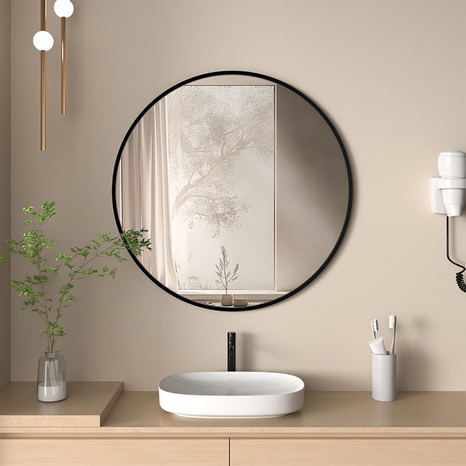 Espejo de pared redondo con marco negro