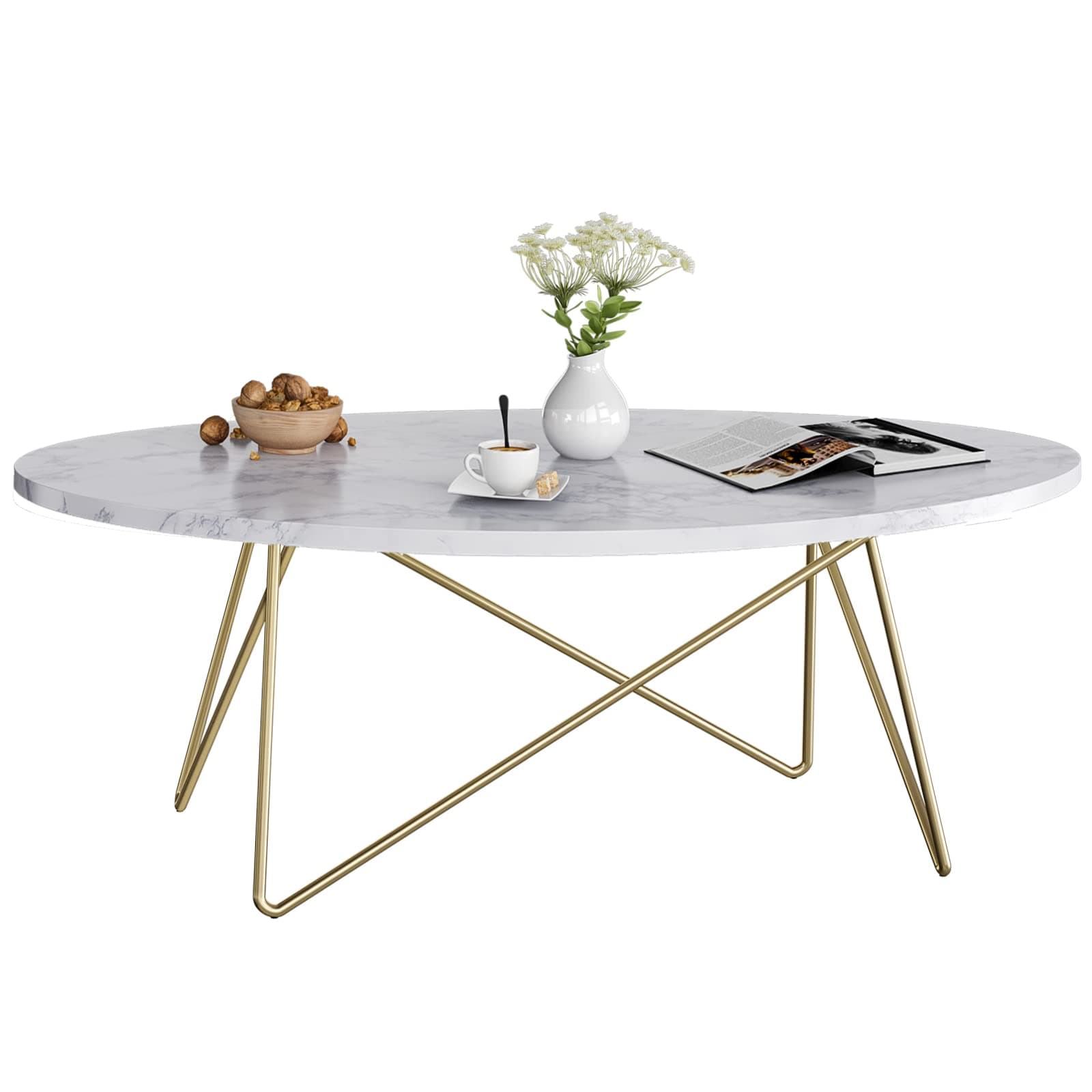 Mesa de centro ovalada con tapa de mármol y patas doradas