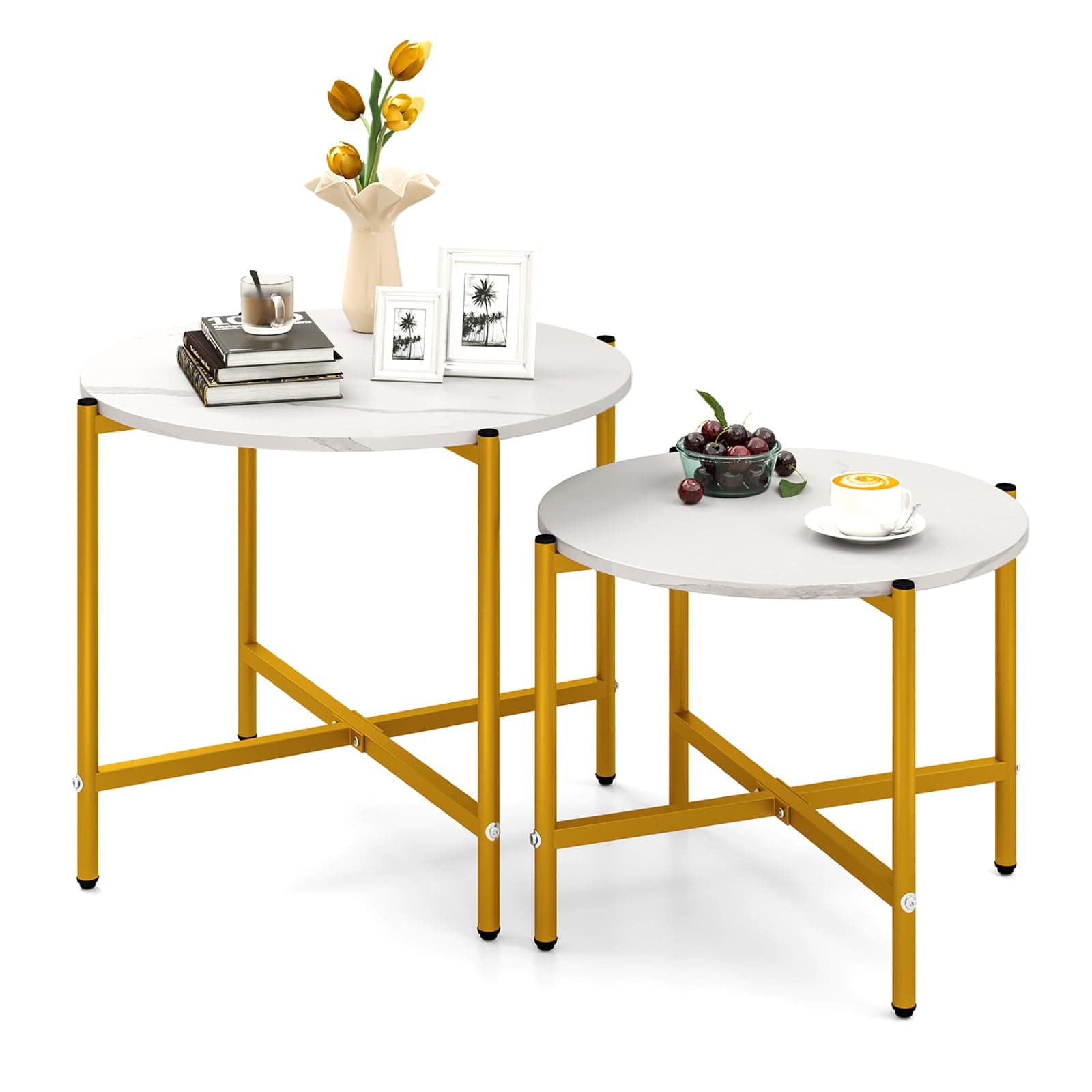 Juego de mesas de centro redondas blancas y doradas