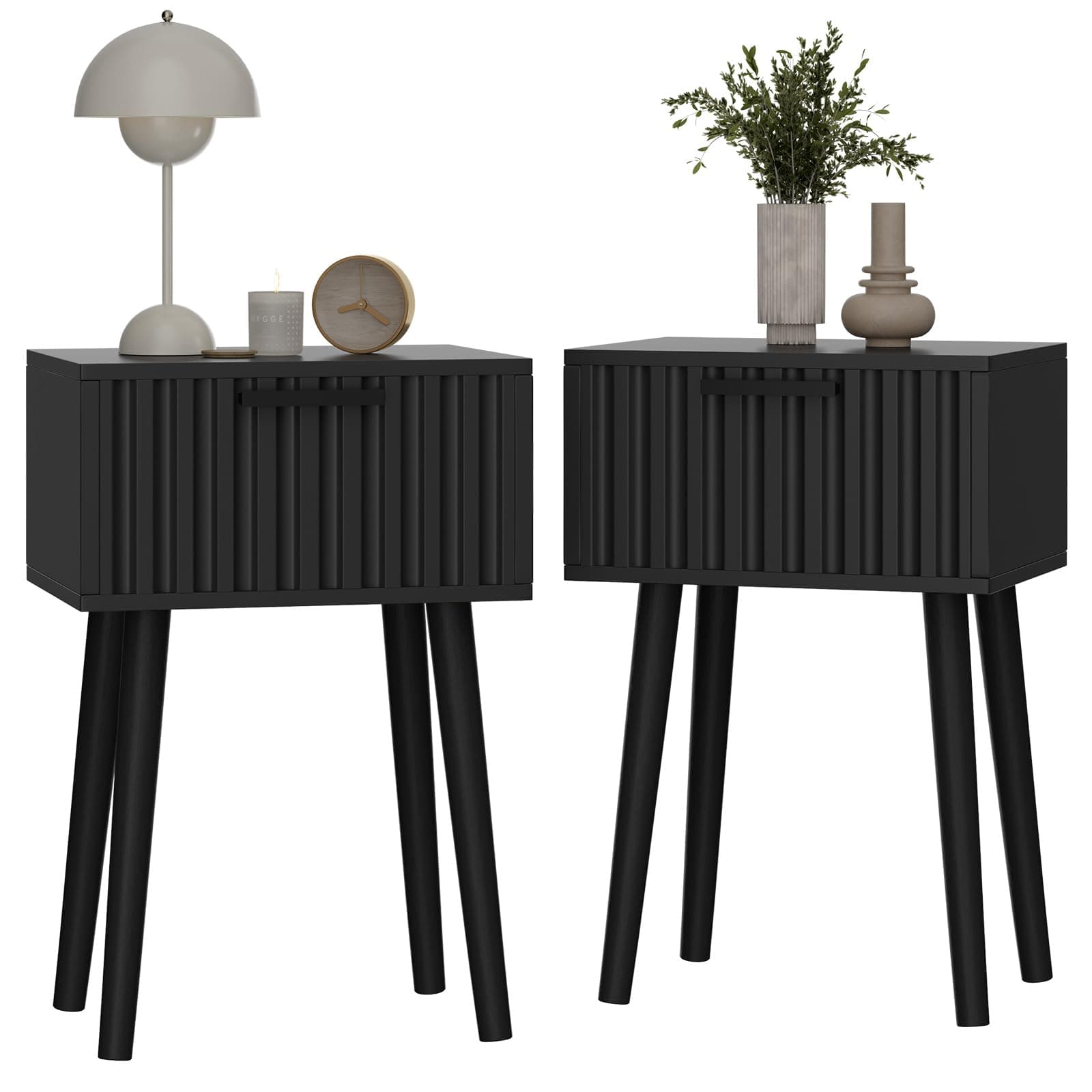 Mesita de noche negra con patas cónicas