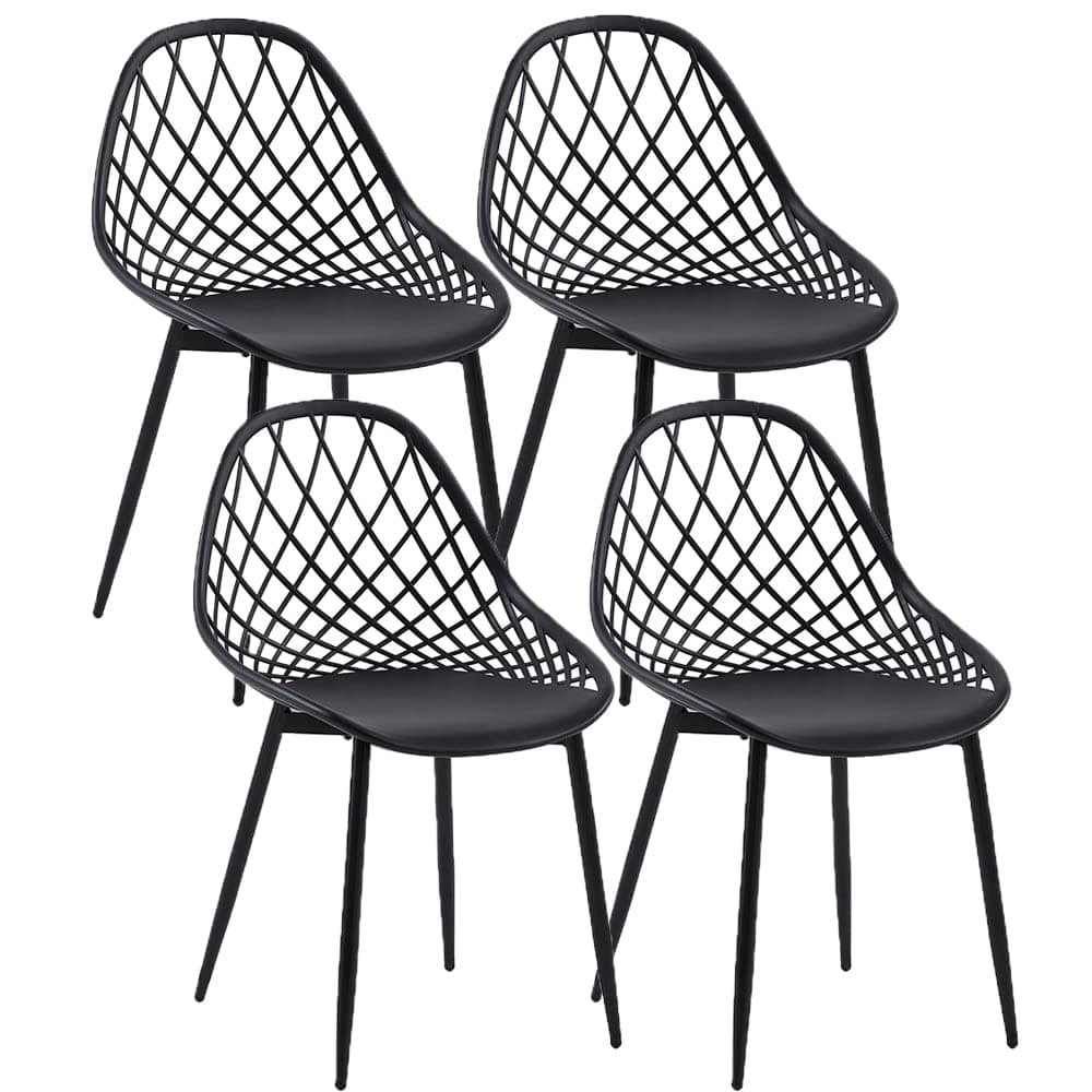 Set de cuatro sillas de comedor negras con respaldo geométrico