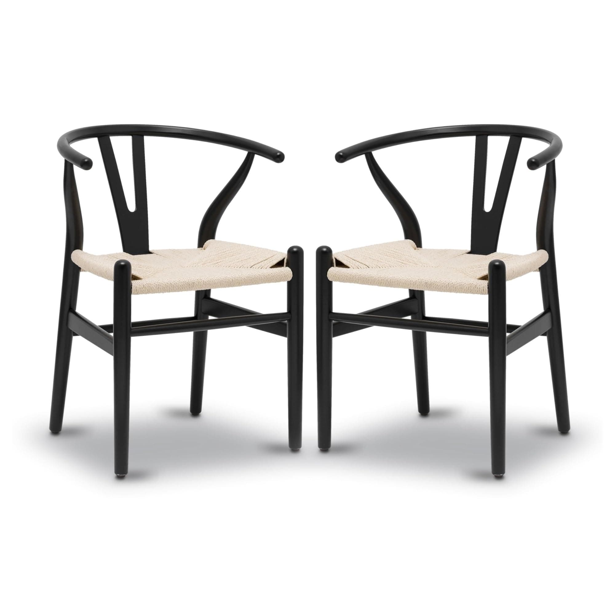 Silla Wishbone negra con asiento de cuerda natural