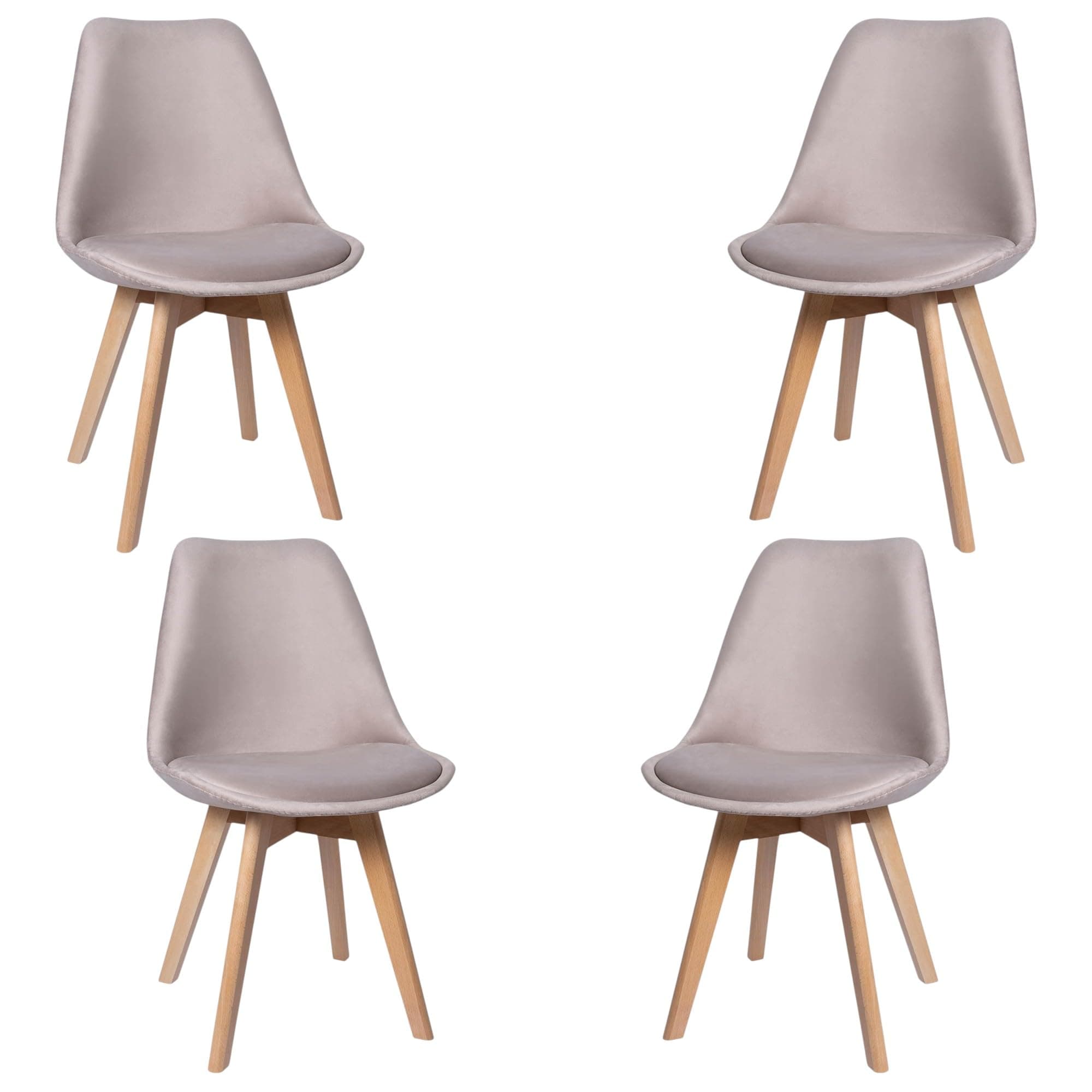 Silla de comedor tapizada en beige con patas de madera clara