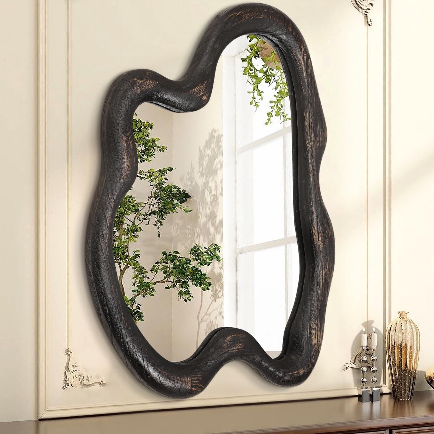 Espejo de pared irregular con marco negro