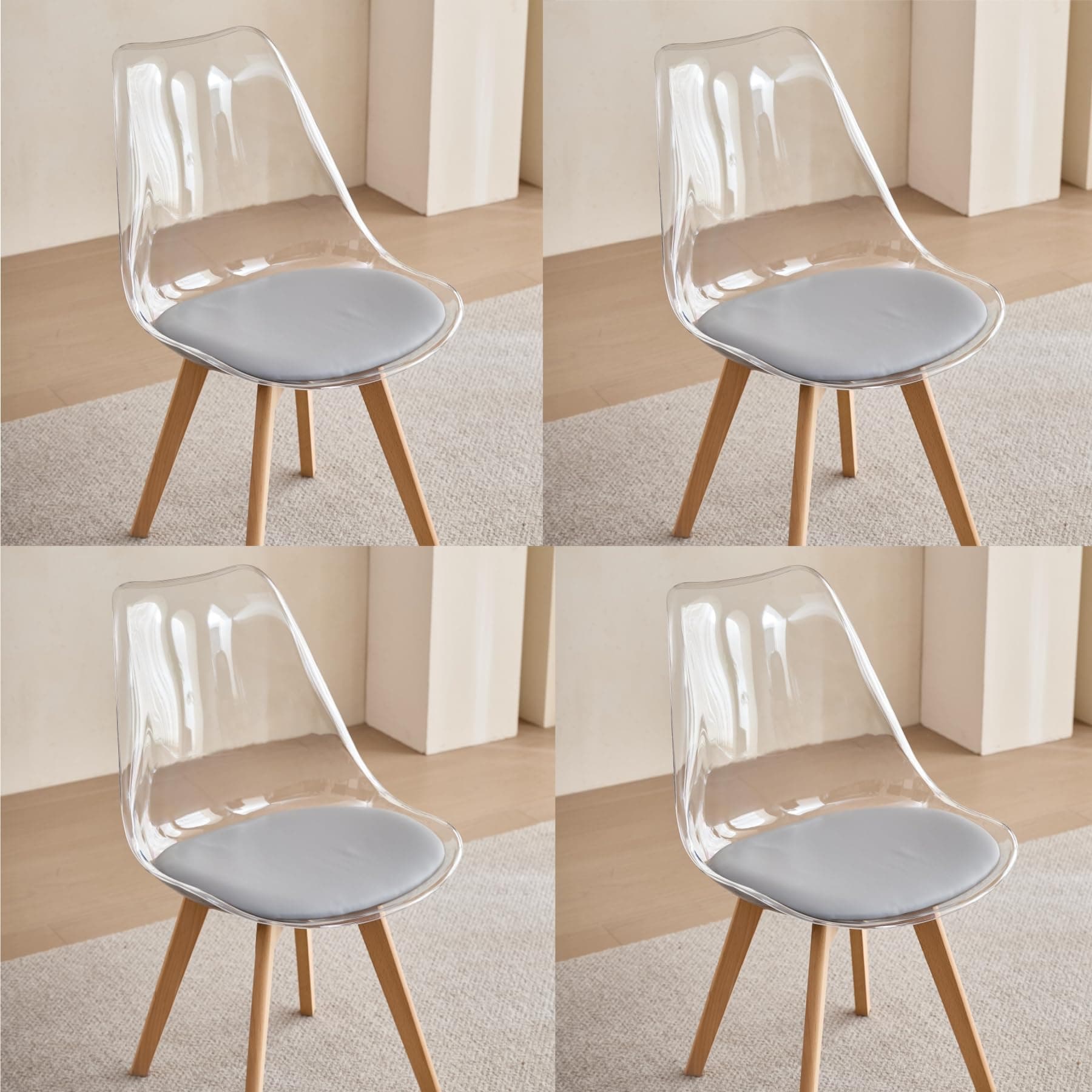 Silla de comedor transparente con patas de madera