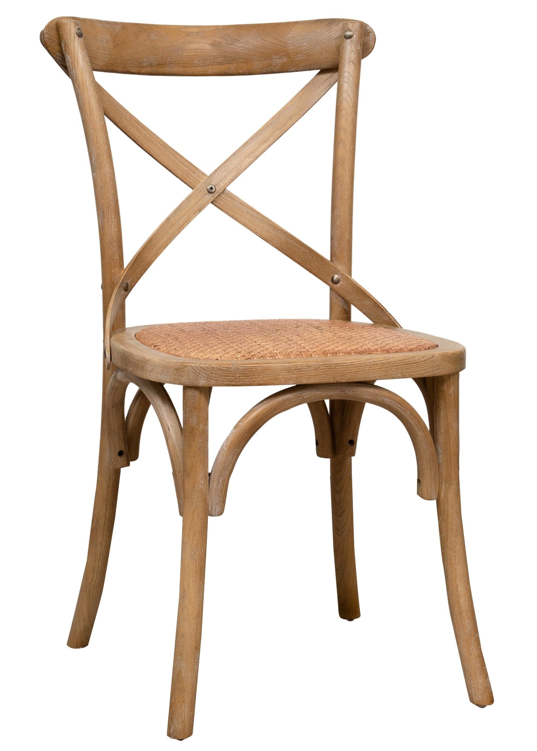 Silla de comedor de madera con respaldo en cruz y asiento de ratán