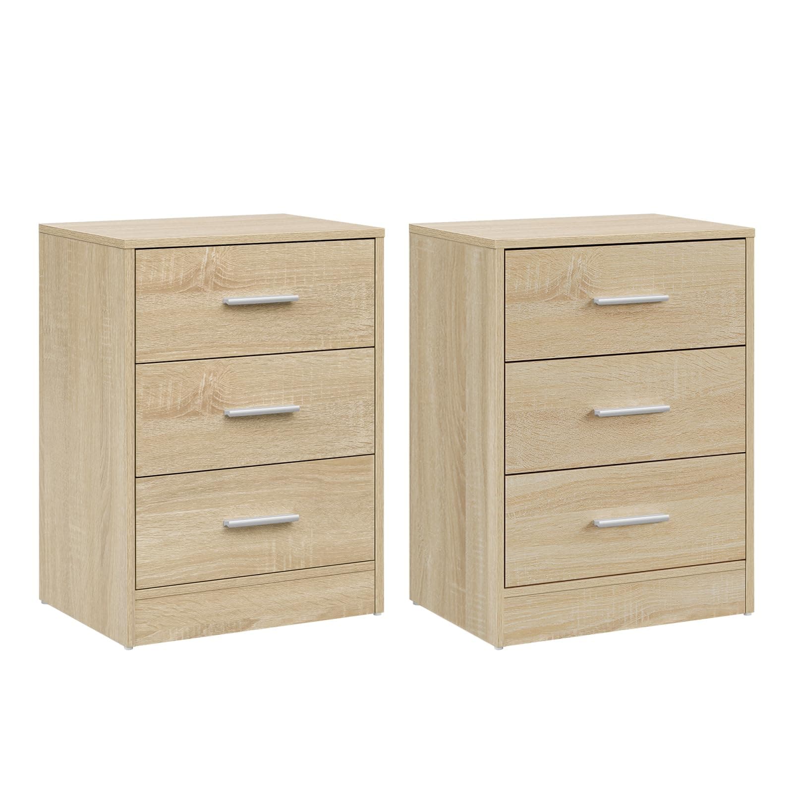 Mesita de noche de madera clara con 3 cajones