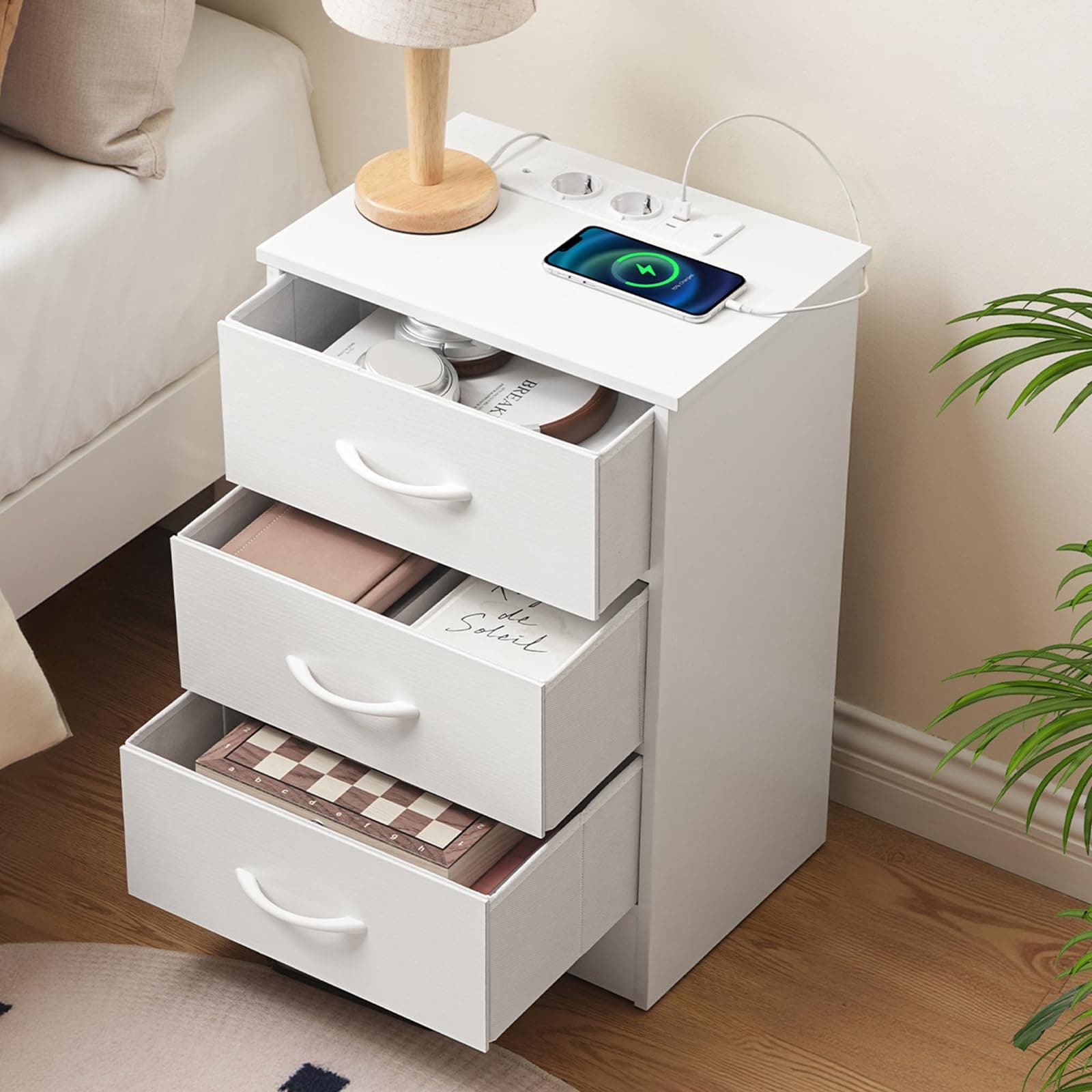 mesita de noche blanca moderna, mesita de noche con cajones