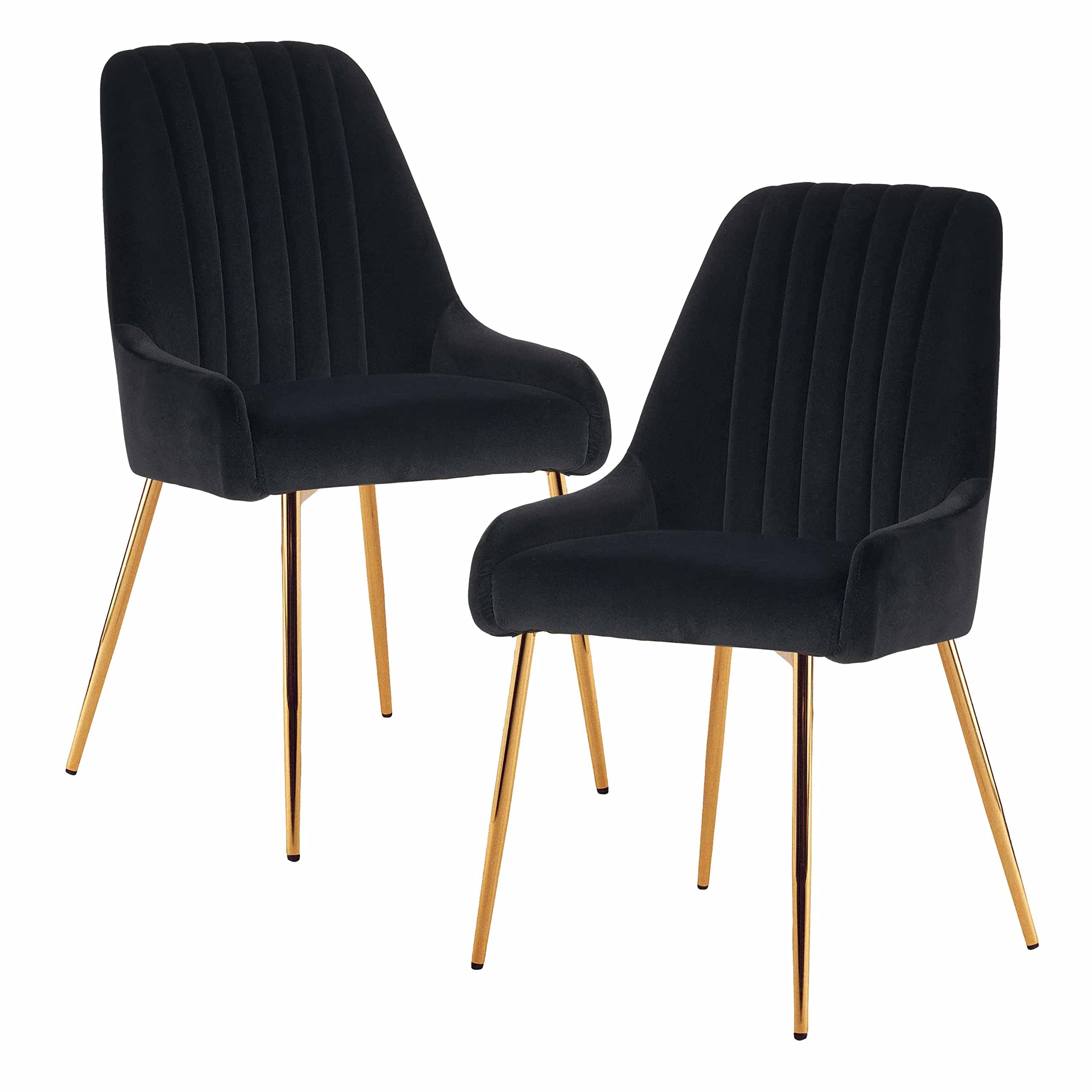 Silla de comedor tapizada en terciopelo negro con patas doradas