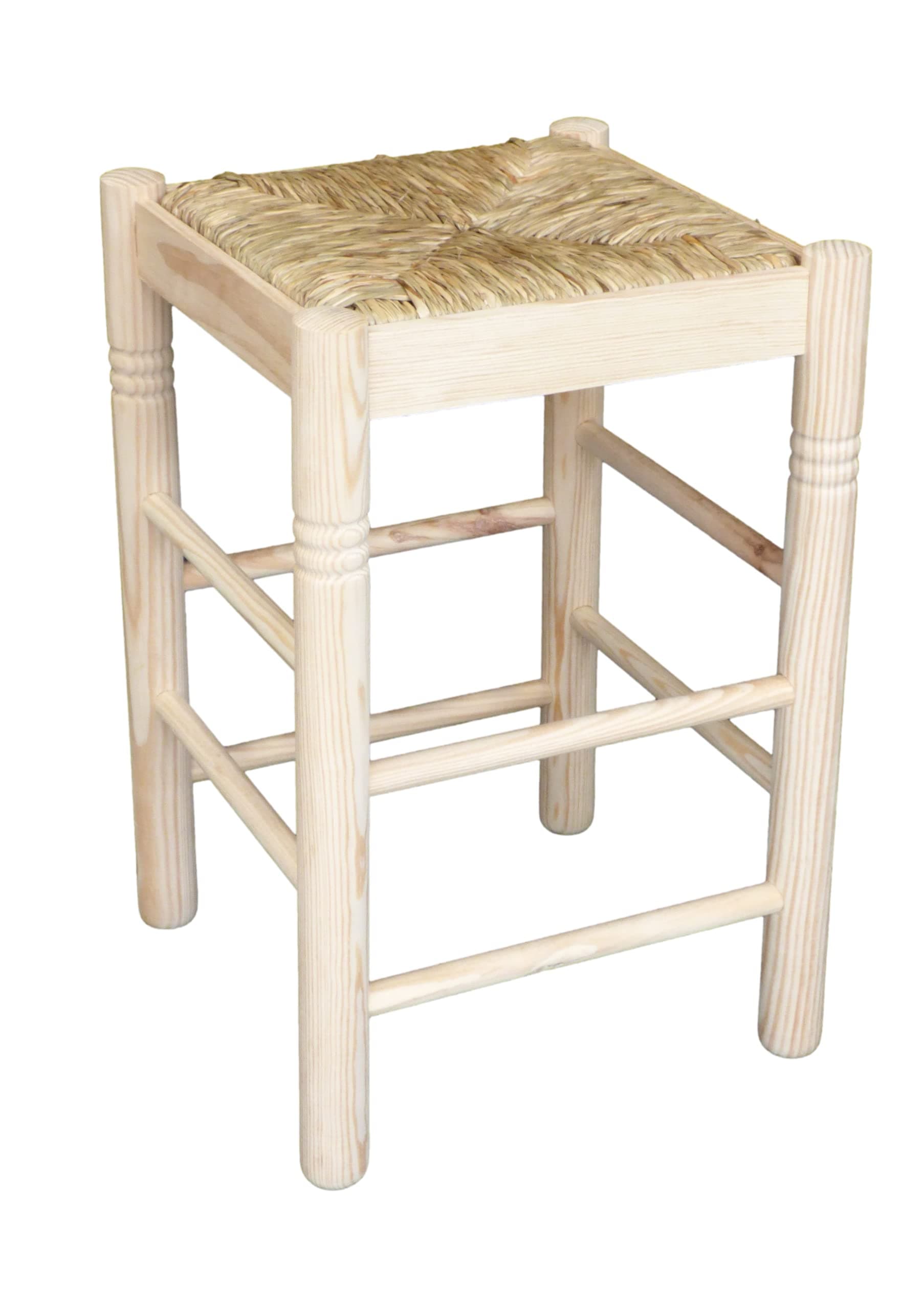 Taburete de madera clara y asiento de paja