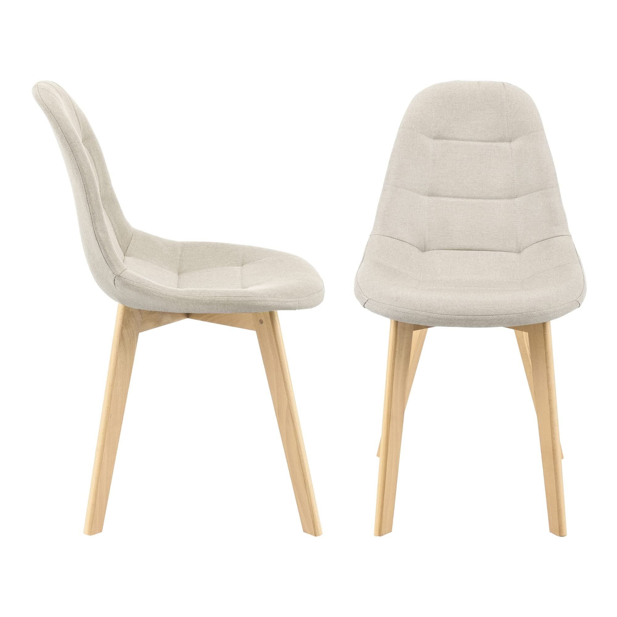 Silla de comedor tapizada en beige con patas de madera clara