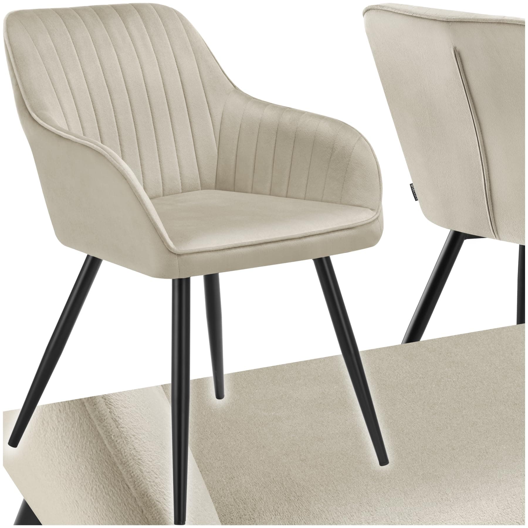 Silla de comedor tapizada en terciopelo beige con patas de metal negro