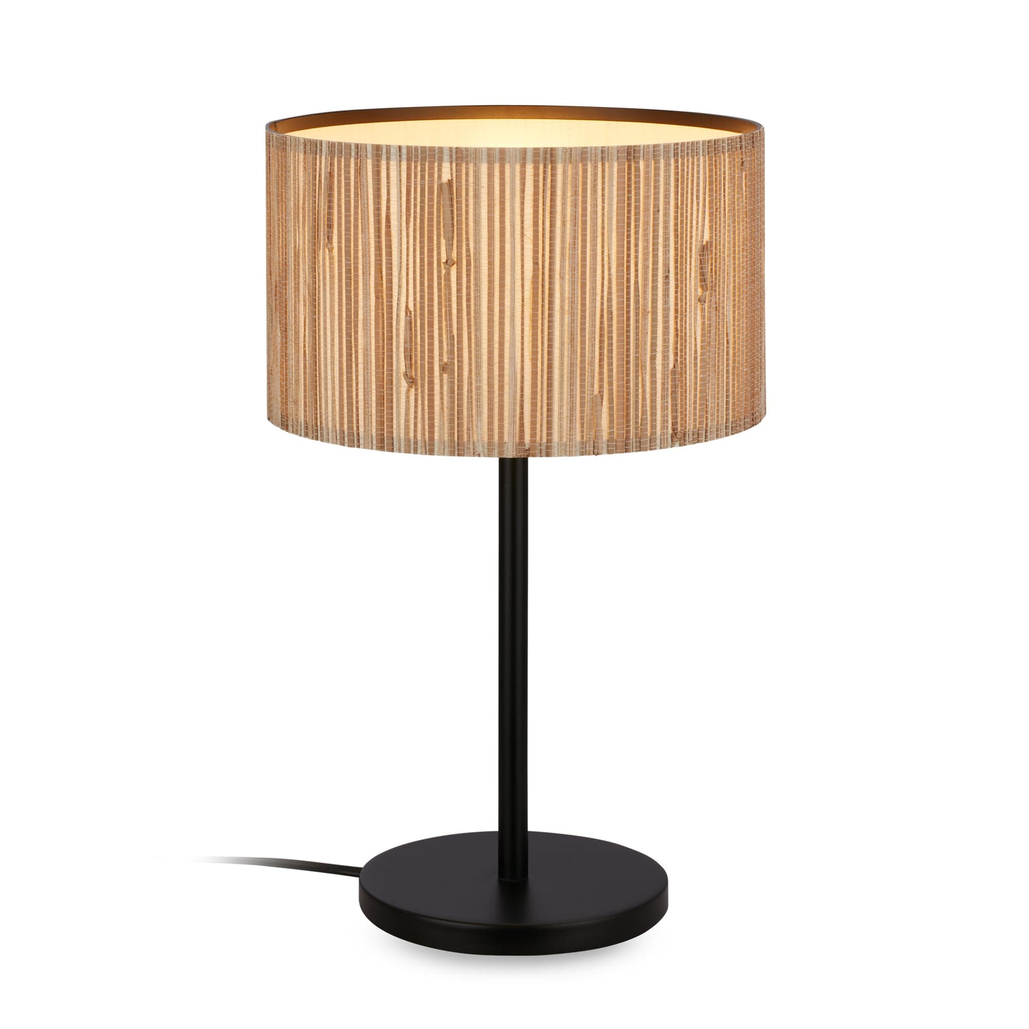 Lámpara de mesa con pantalla de ratán y base negra