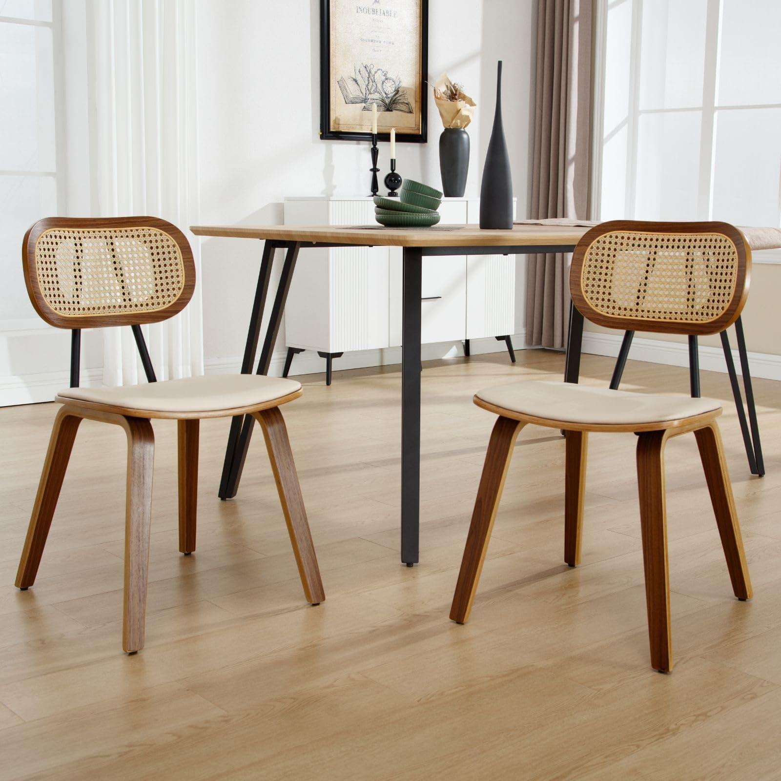 Silla de Comedor Nórdica con Respaldo de Ratán y Madera