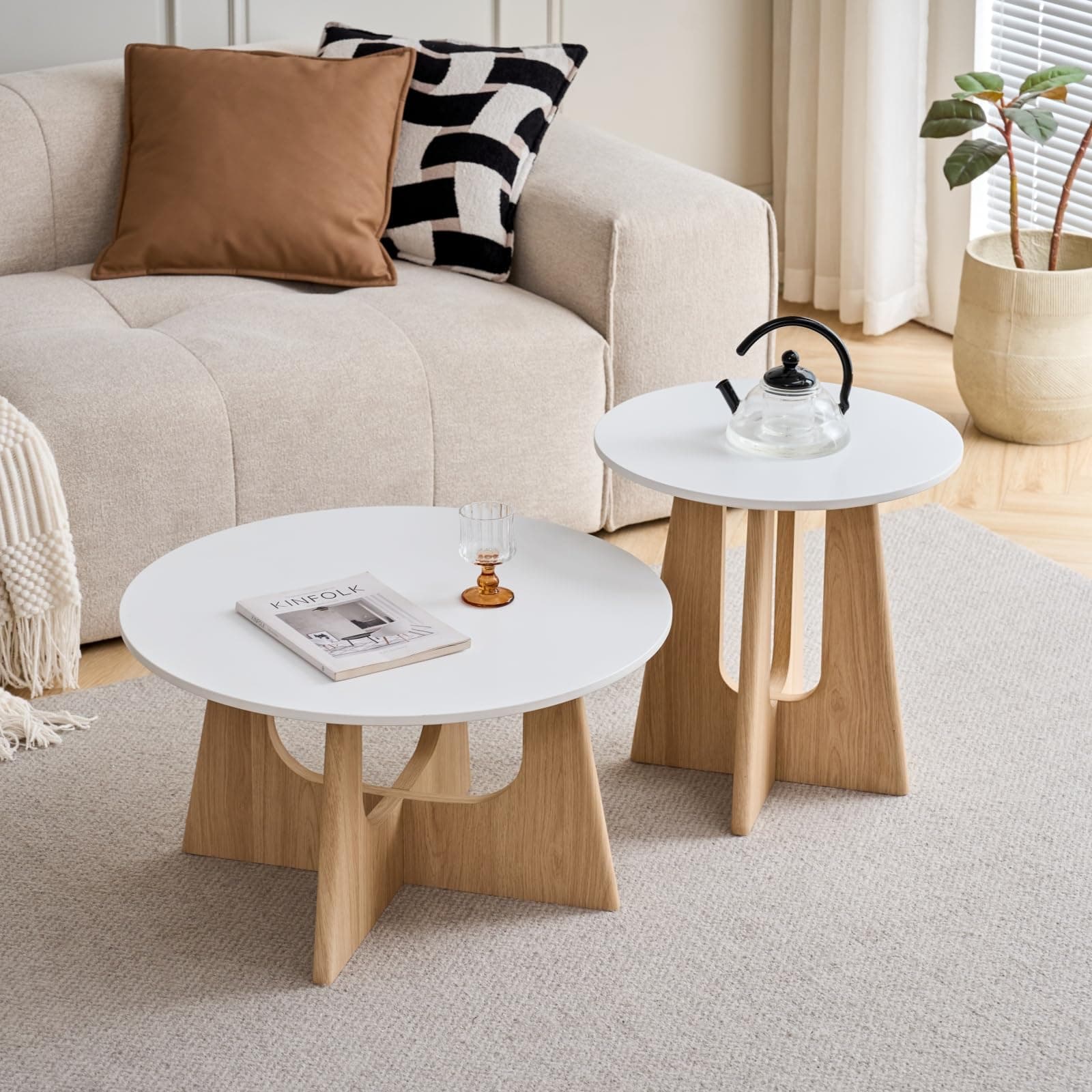 Juego de mesas de centro redondas blancas y madera