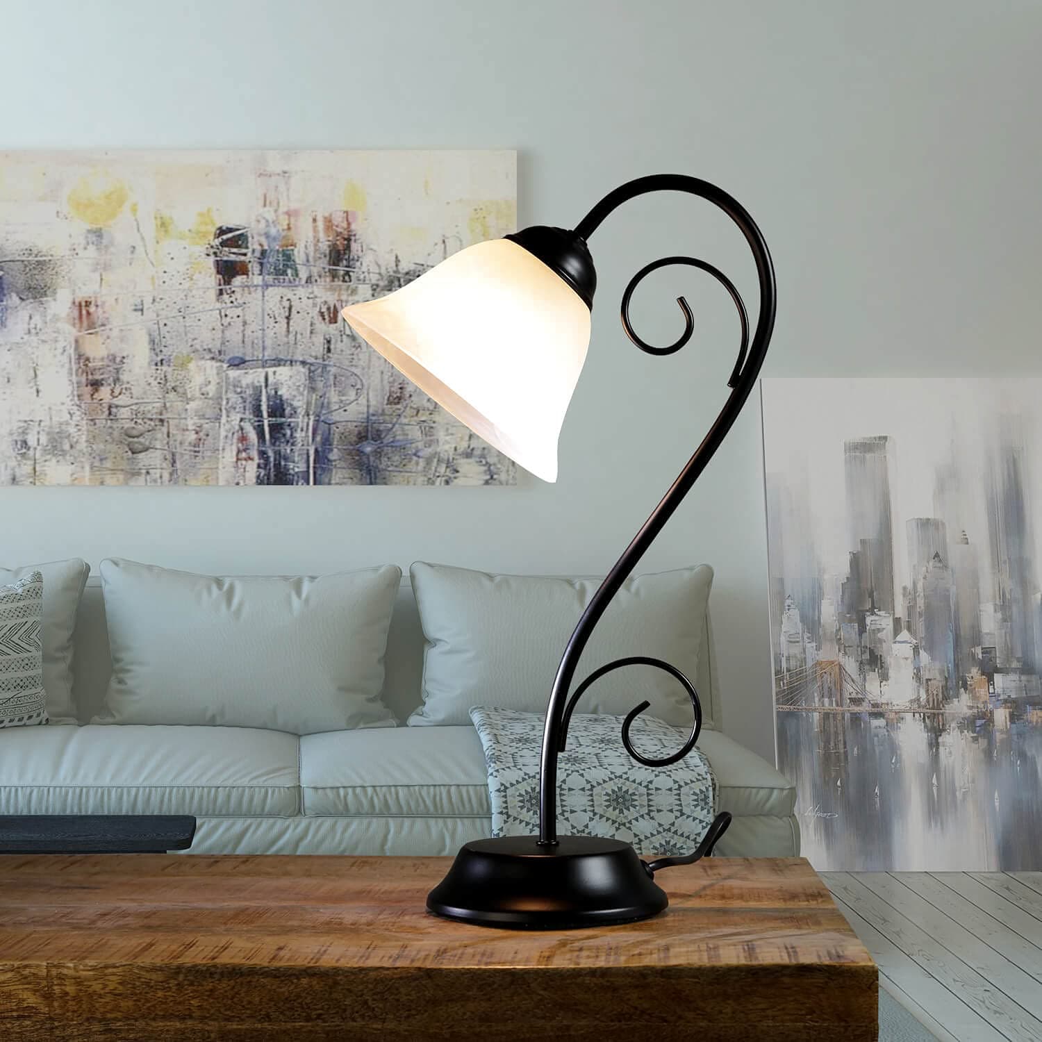 Lámpara de mesa de metal y cristal blanca