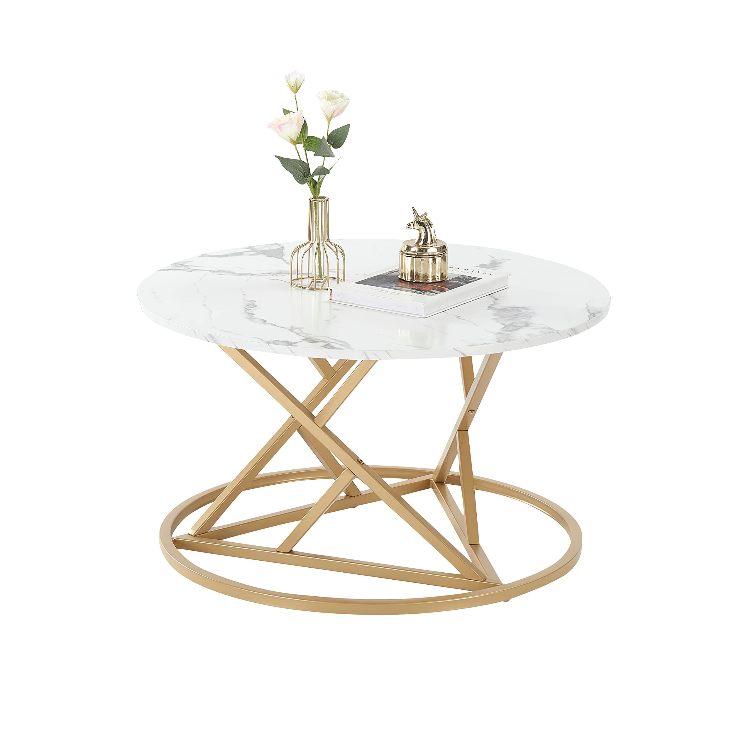 Mesa de centro redonda con tapa de mármol y base dorada