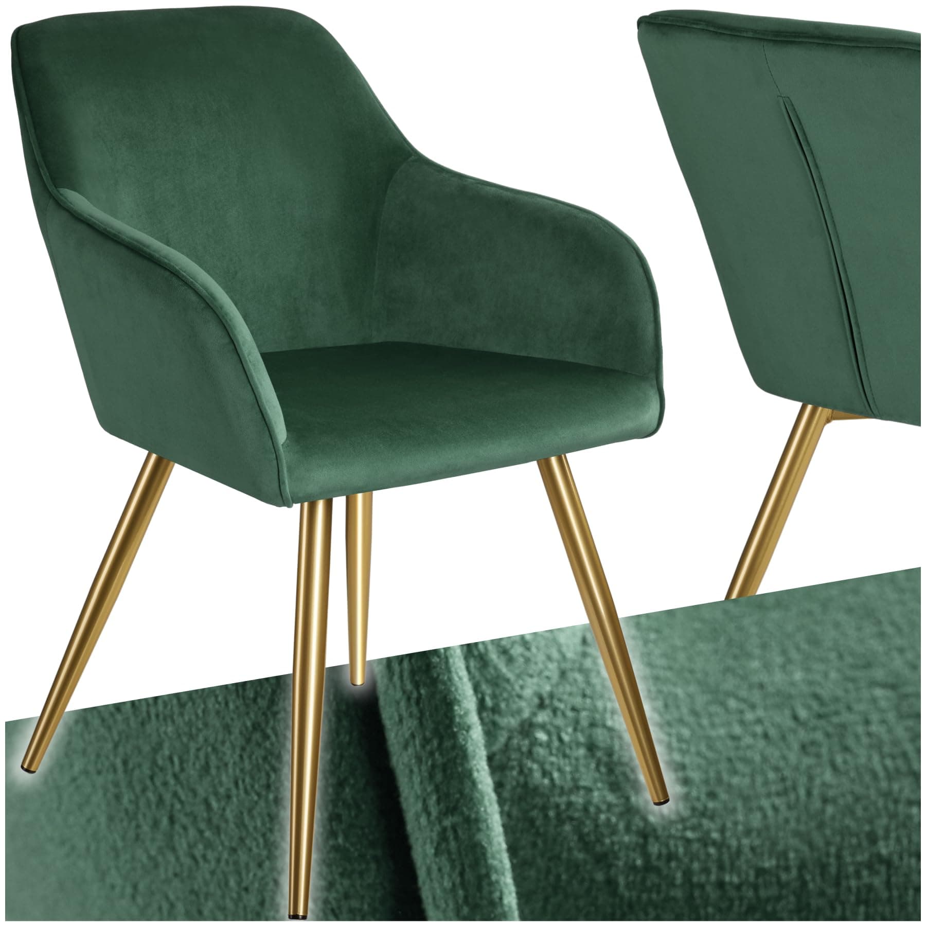 Silla de comedor tapizada en terciopelo verde con patas doradas