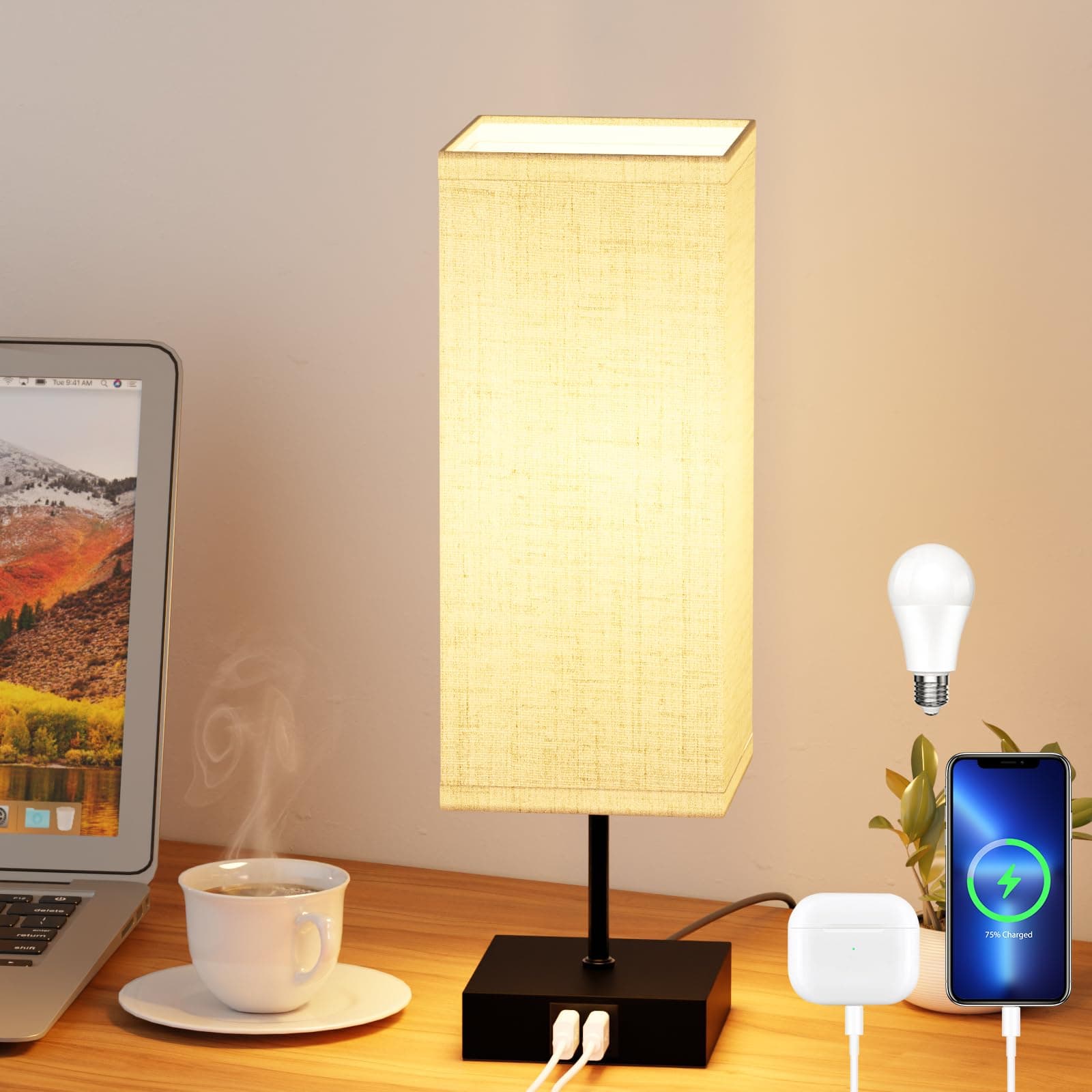 Lámpara de mesa rectangular beige con base negra