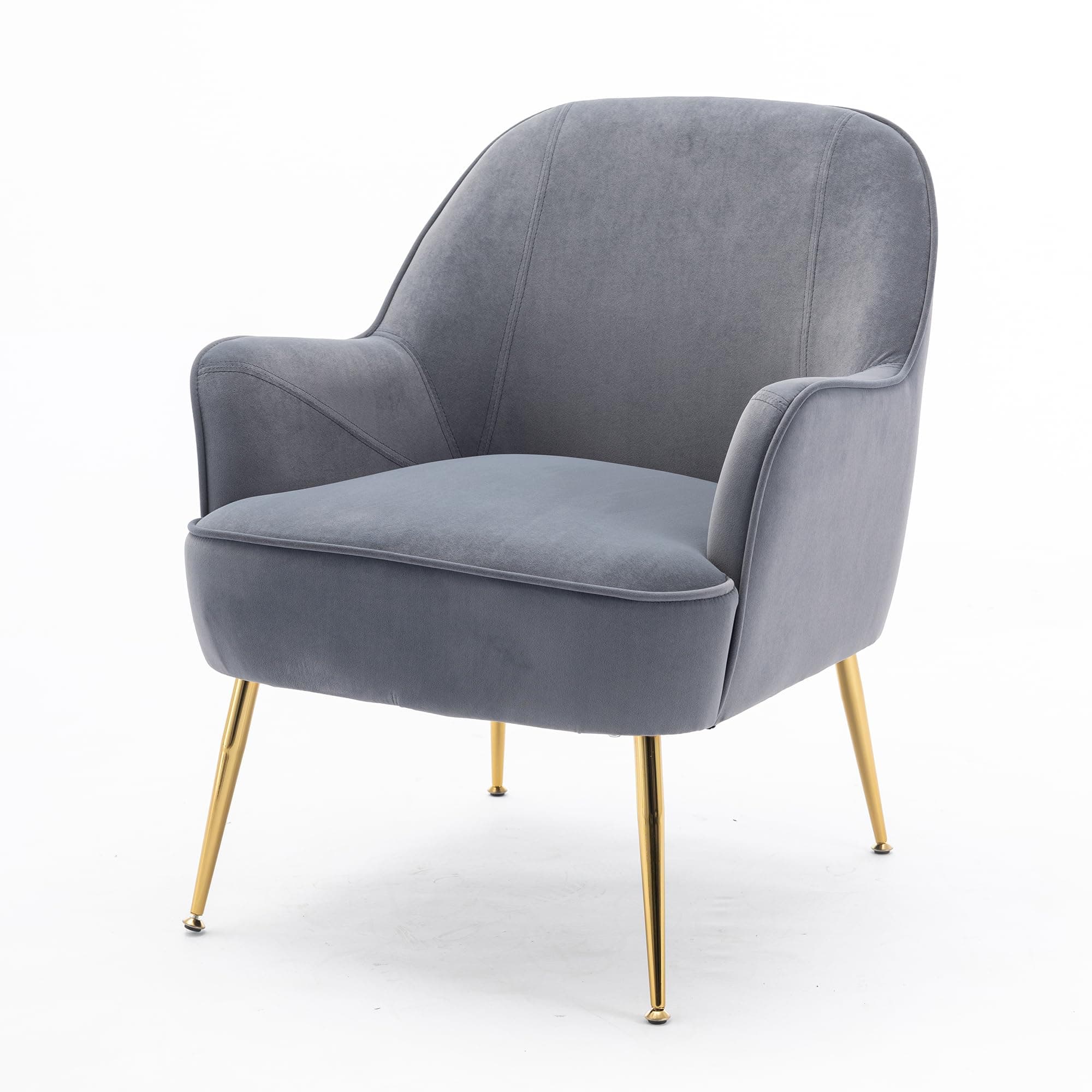 Sillón tapizado de terciopelo gris con patas doradas