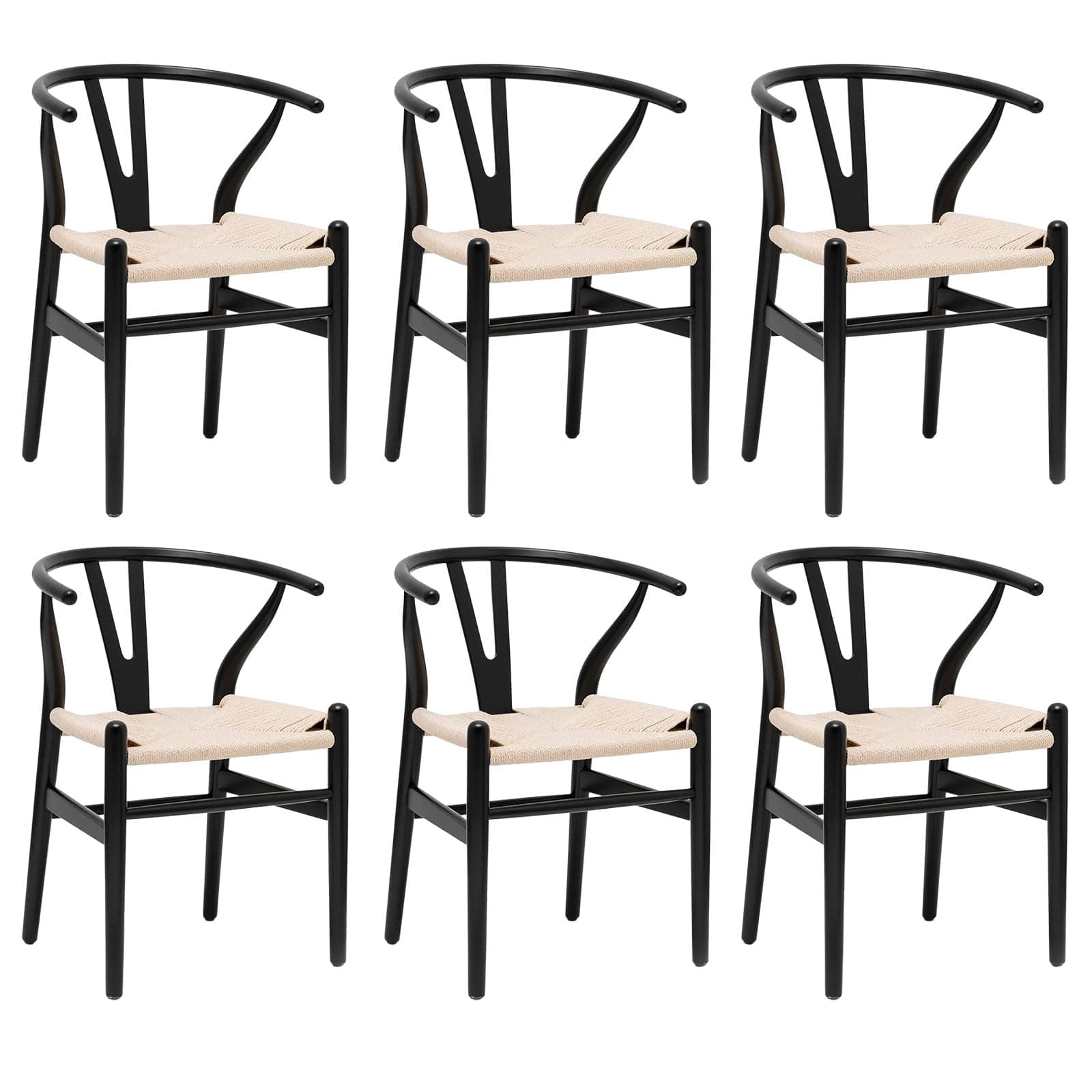 Silla Wishbone de madera negra y asiento de cuerda natural