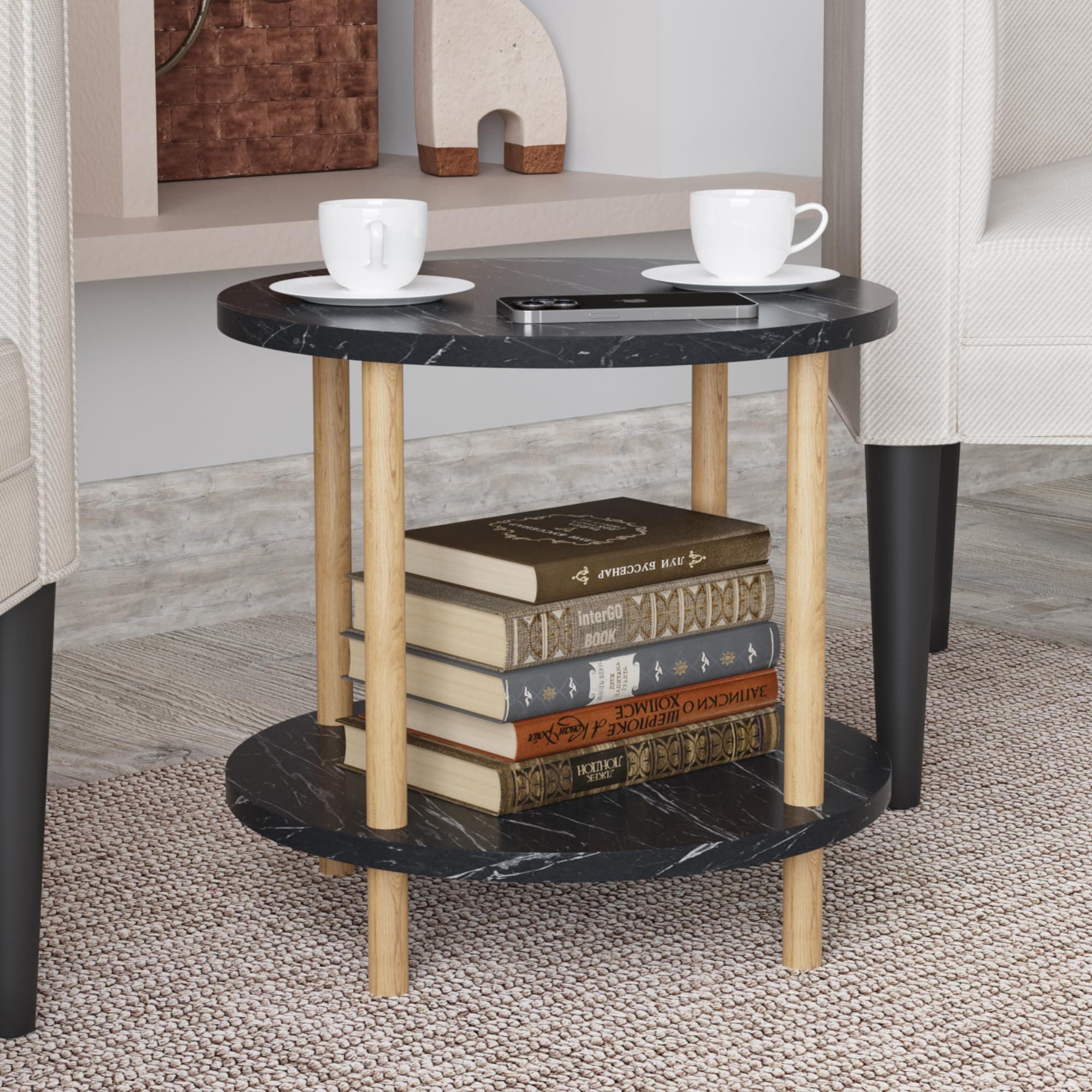 Mesita de noche redonda con estante de mármol negro