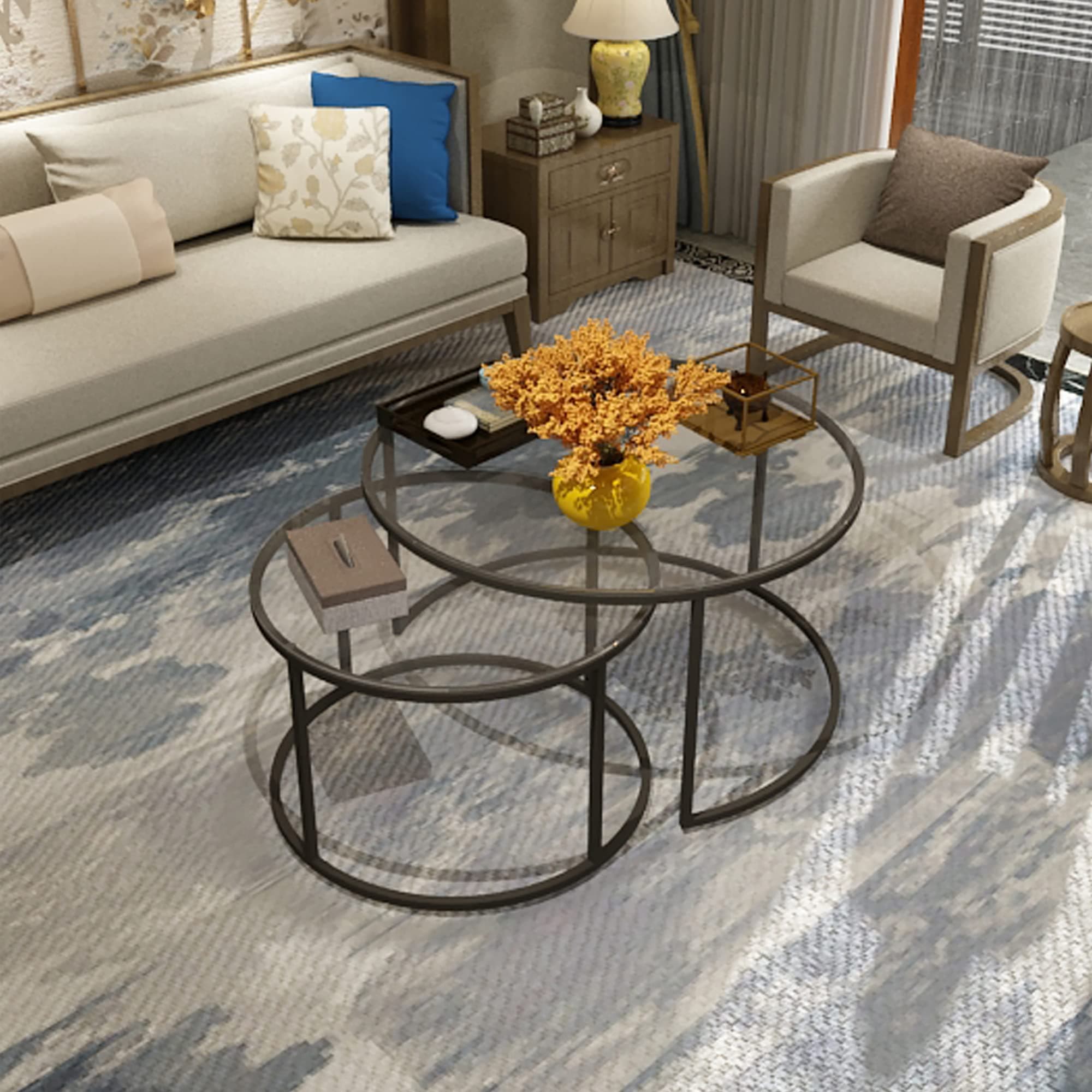 Mesa de centro doble de cristal y metal negro