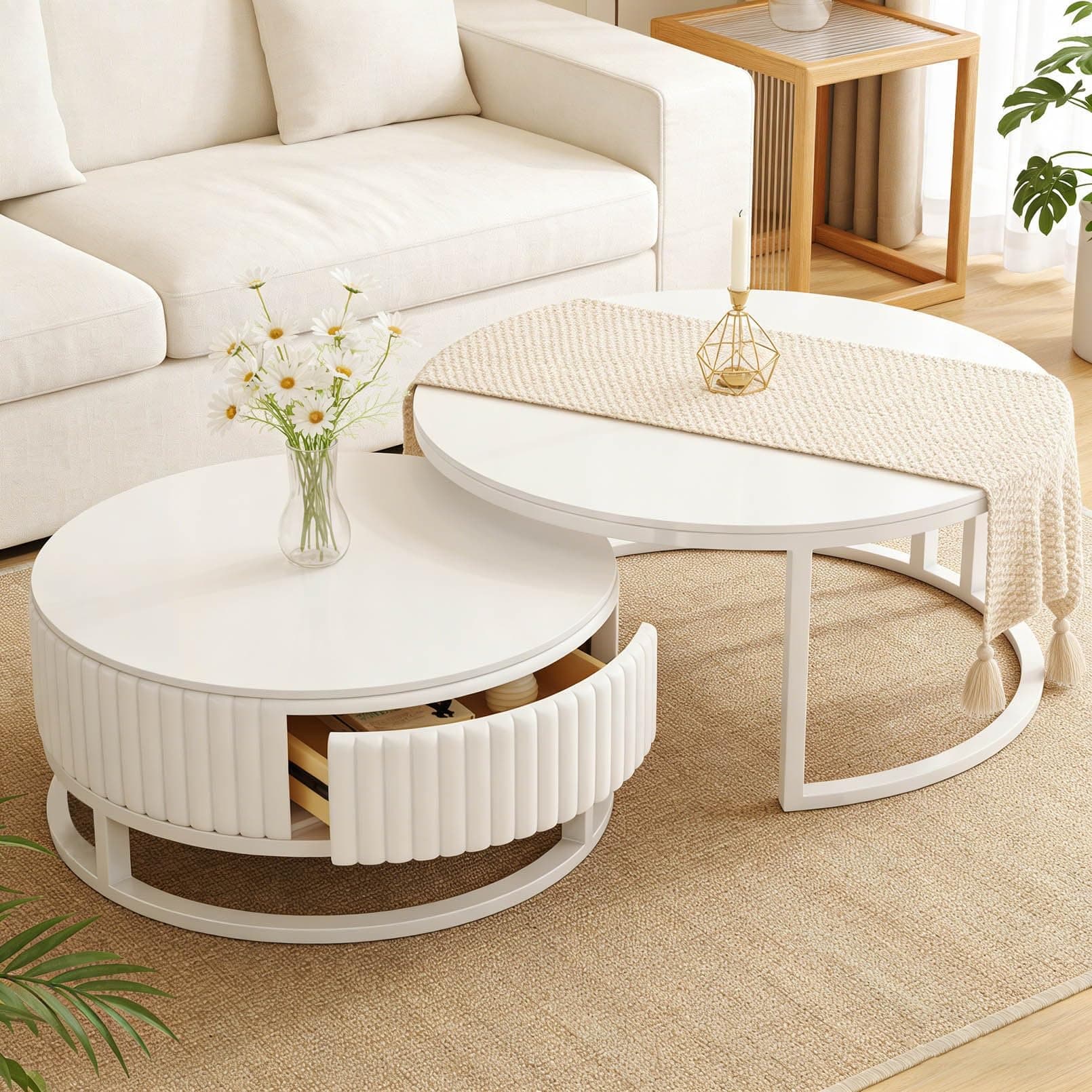 Mesa de centro redonda blanca con almacenamiento