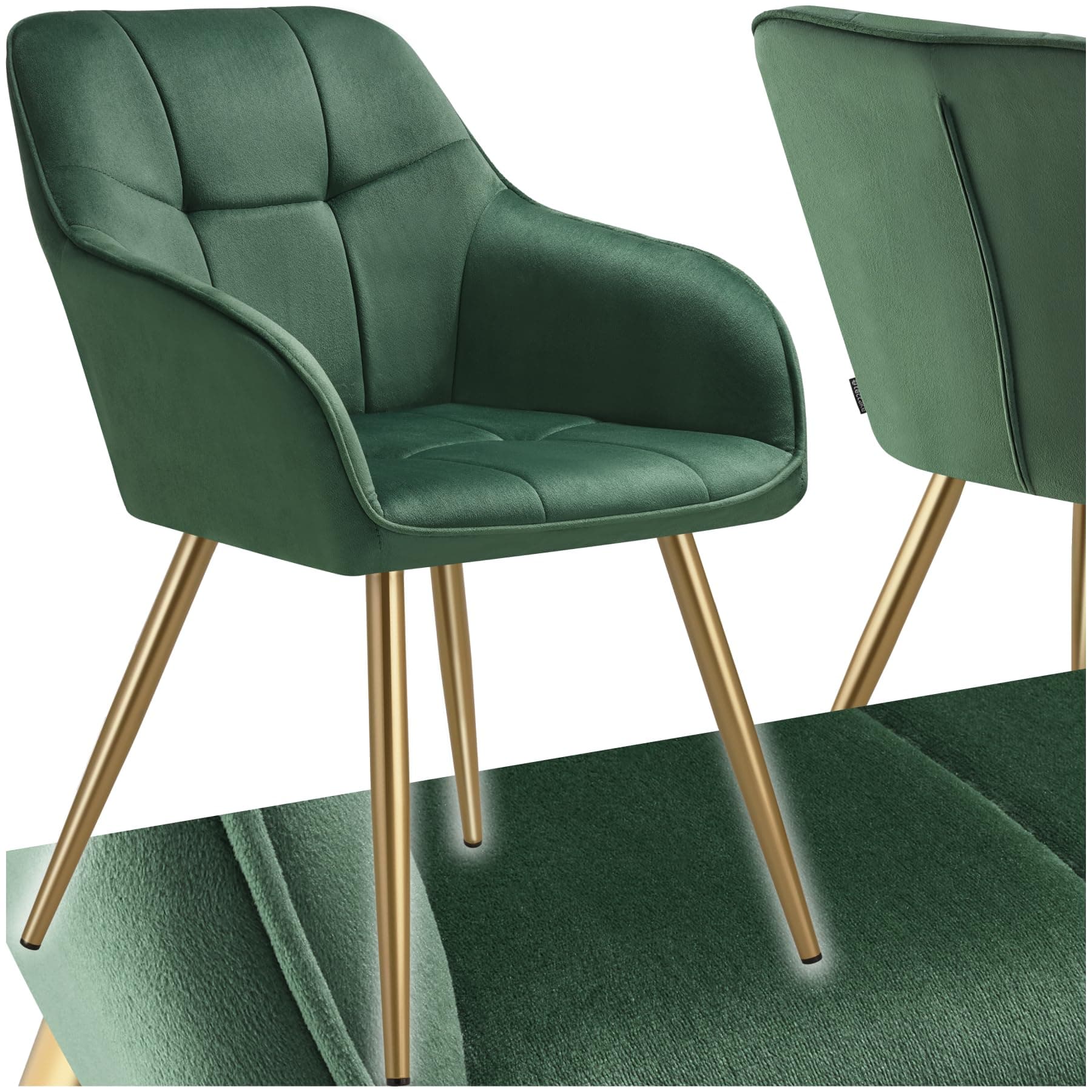 Silla de comedor tapizada en terciopelo verde con patas doradas