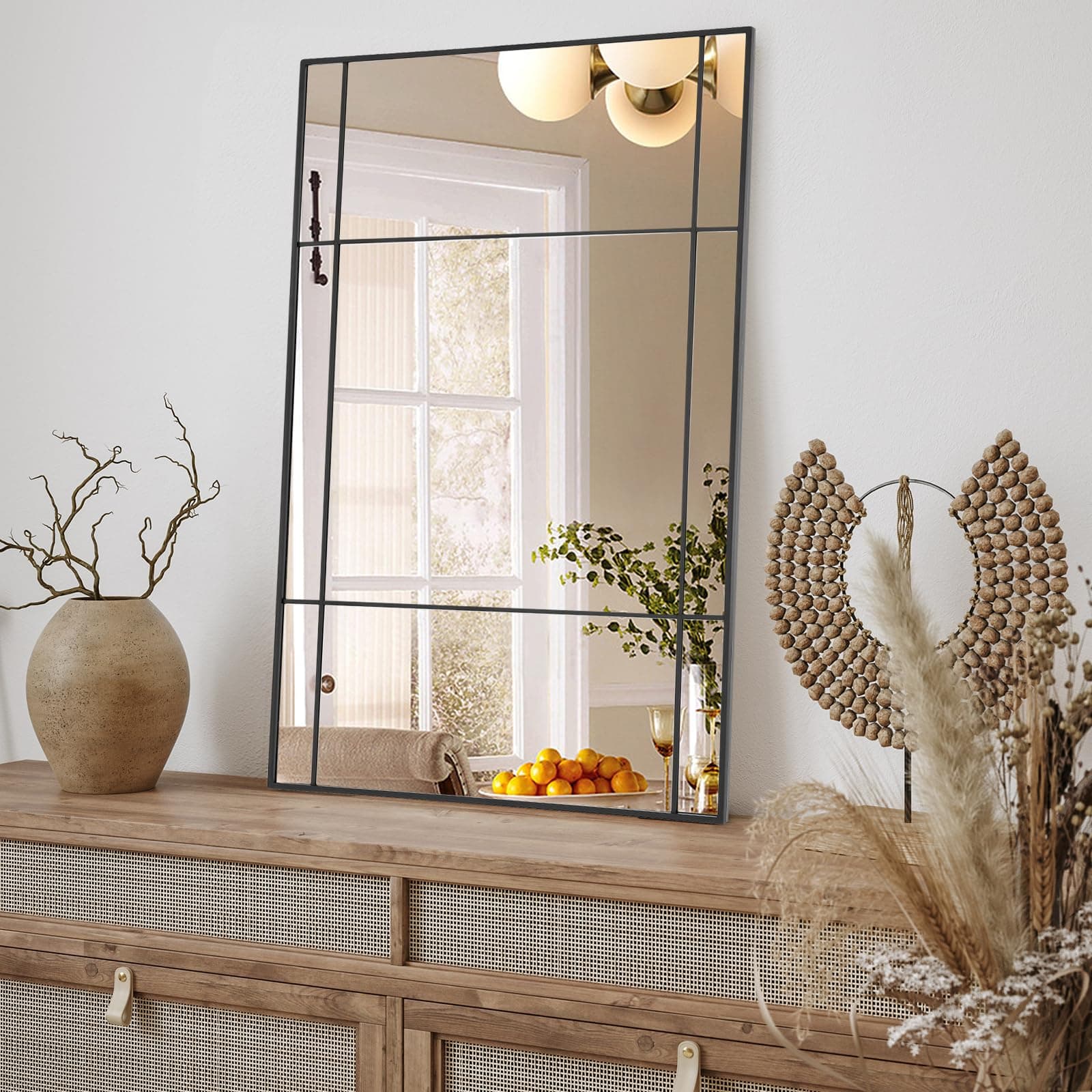 Espejo de pared rectangular con marco de metal negro