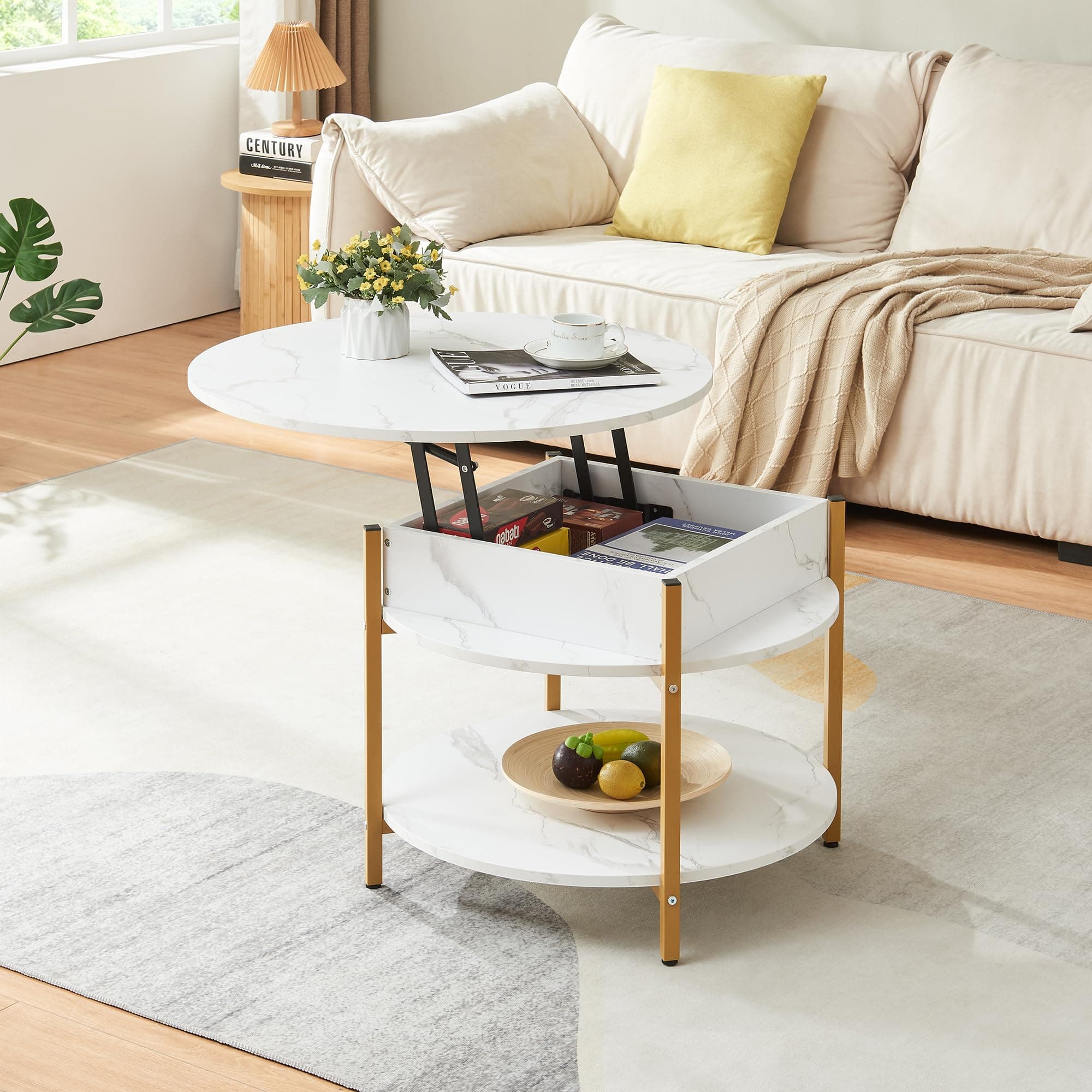 Mesa de centro elevable redonda blanca con patas doradas