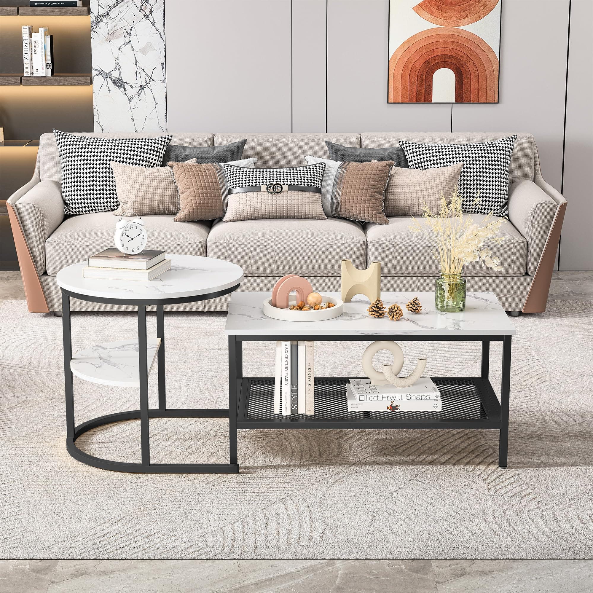 Juego de mesas de centro redonda y cuadrada con estructura de metal negro