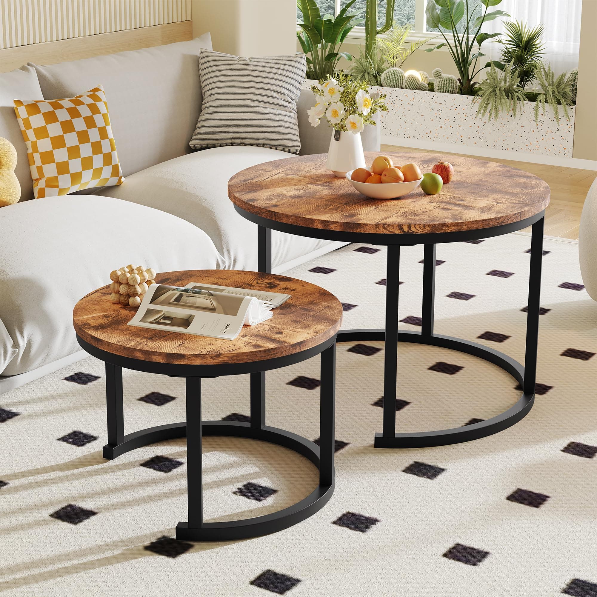 Juego de mesas de centro redondas de madera y metal negro